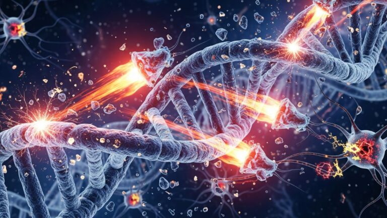 Wirusy w DNA: Ilustracja przedstawiająca ludzkie DNA i skaczące po nim geny-wirusy. Fot. Gemini AI