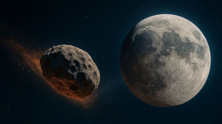 Artystyczna wizualizacja asteroidy 2024 YR4 zmierzającej w stronę Księżyca. NASA analizuje możliwe rozwiązania, w tym misję ratunkową i ewentualne użycie ładunku atomowego, by ochronić satelity i Ziemię. Fot. Maciej Bartusik / Copilot AI