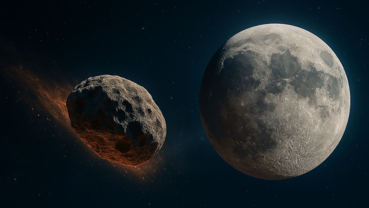 Artystyczna wizualizacja asteroidy 2024 YR4 zmierzającej w stronę Księżyca. NASA analizuje możliwe rozwiązania, w tym misję ratunkową i ewentualne użycie ładunku atomowego, by ochronić satelity i Ziemię. Fot. Maciej Bartusik / Copilot AI