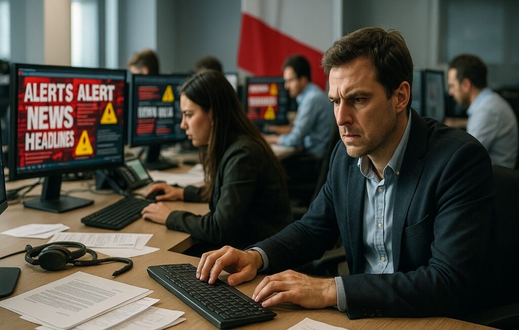 Dziennikarze pracujący w nowoczesnym newsroomie przed monitorami z alarmującymi nagłówkami. Scena pokazuje napięcie i chaos sprzyjający zjawisku dezinformacji w Polsce oraz rozprzestrzenianiu fake newsów. Fot. ChatGPT