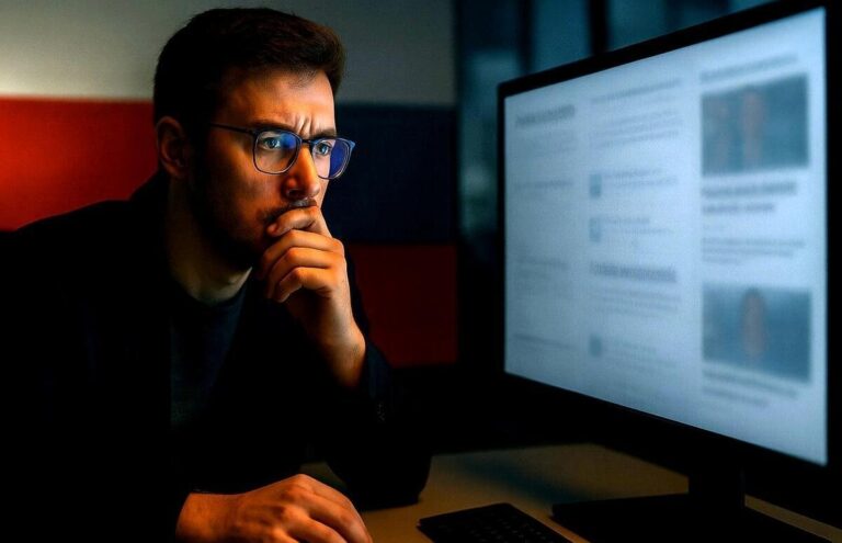 Polski dziennikarz analizujący dezinformację w Polsce przed monitorem z chaotycznymi nagłówkami, subtelne barwy Polski i Rosji w tle. Fot. ChatGPT