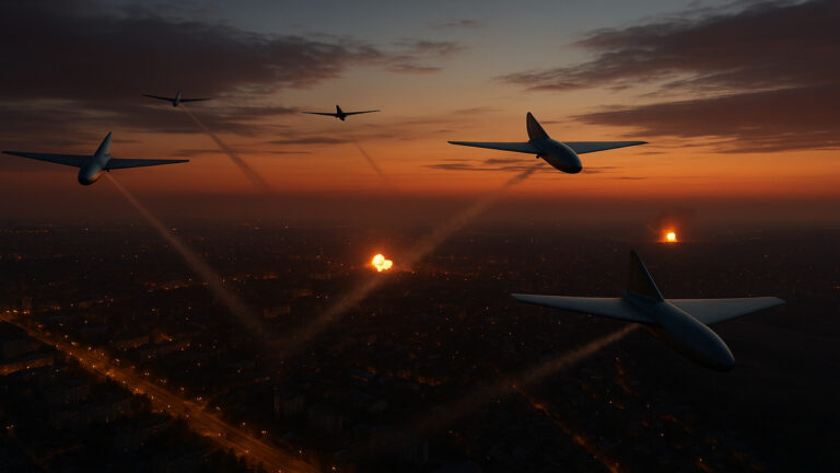 Widok z powietrza: rosyjskie drony Geran atakują ukraińskie miasto o zmierzchu, w tle eksplozje.