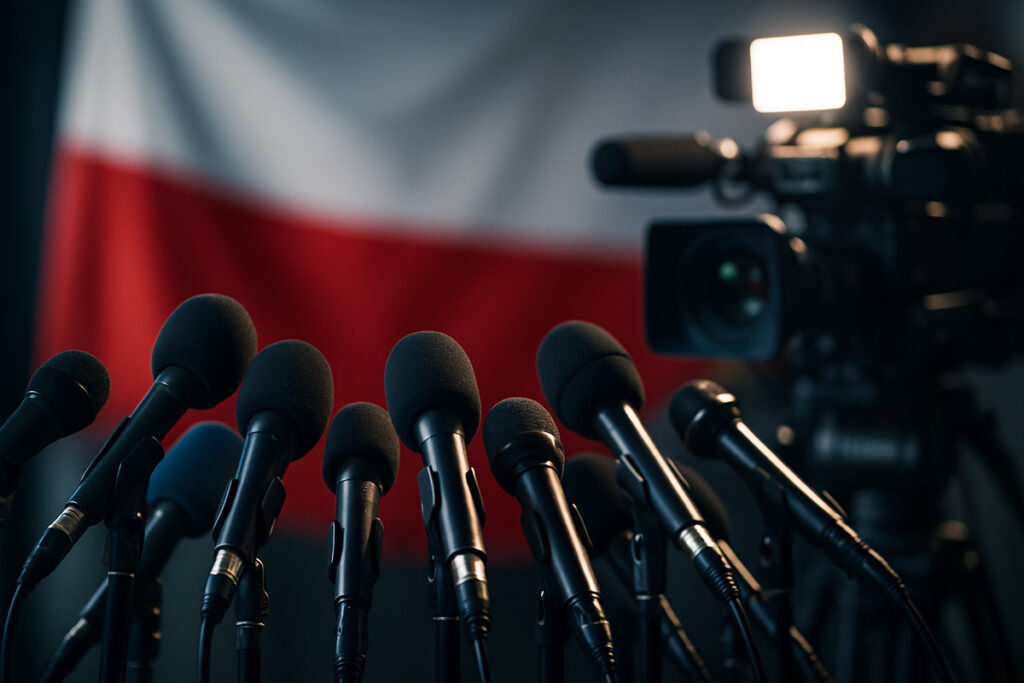 Mikrofony i kamery na konferencji prasowej w Polsce, tło z flagą Polski. Symbol wojny informacyjnej i problemu fake newsów w Polsce i w polskich mediach. Fot. ChatGPT