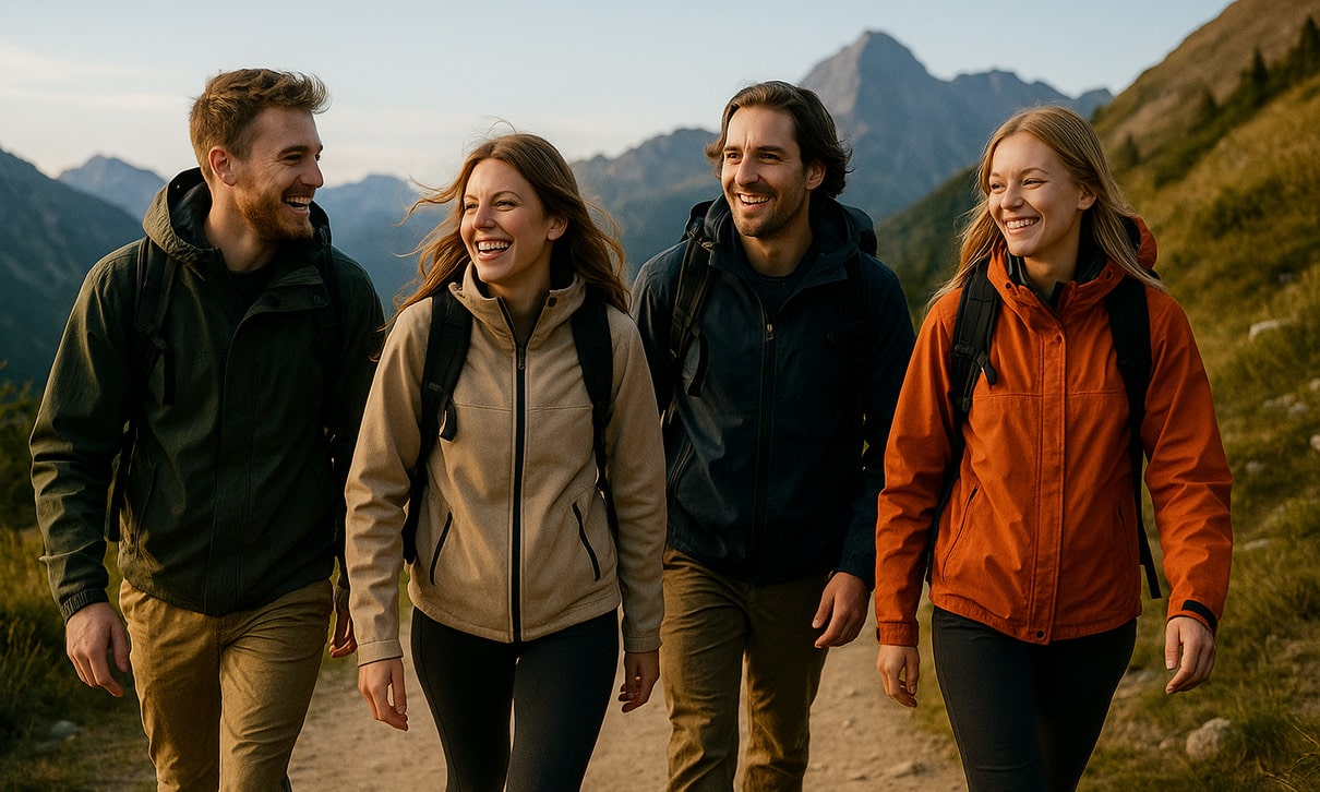 Czworo przyjaciół na górskim szlaku śmieje się razem – jak znaleźć szczęście we wspólnym działaniu i relacjach