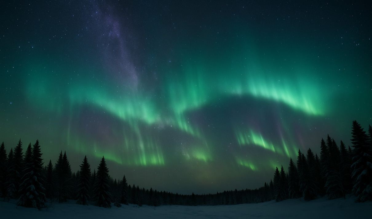 Zorza polarna nad zimowym lasem – przykład jak zobaczyć zorzę polarną w Polsce przy odpowiednich warunkach pogodowych
