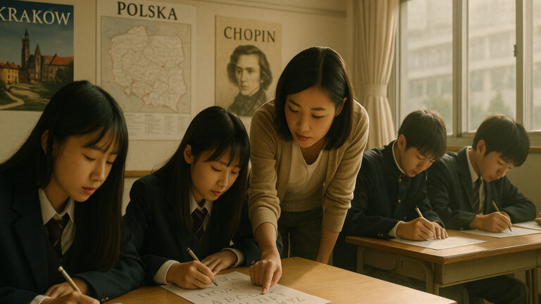 Japońscy uczniowie na lekcji uczą się alfabetu – nauka języka polskiego w Japonii inspirowana Konkursem Chopinowskim
