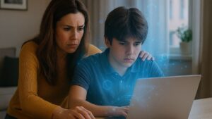 Kontrola rodzicielska Chat GPT: matka i syn ze zmartwionymi minami wpatrują się w ekran laptopa, unosi się z niego błękitna poświata i linijki kodu. Fot. Maciej Bartusik / Copilot AI