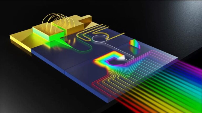 Najmocniejszy laser świata: Ta schematyczna ilustracja przedstawia element dyfrakcyjny w wysokiej mocy źródle mikrogrzebienia, który rozdziela linie grzebieniowe spektralnie. Fot. Michal Lipson lab / Columbia Engineering.