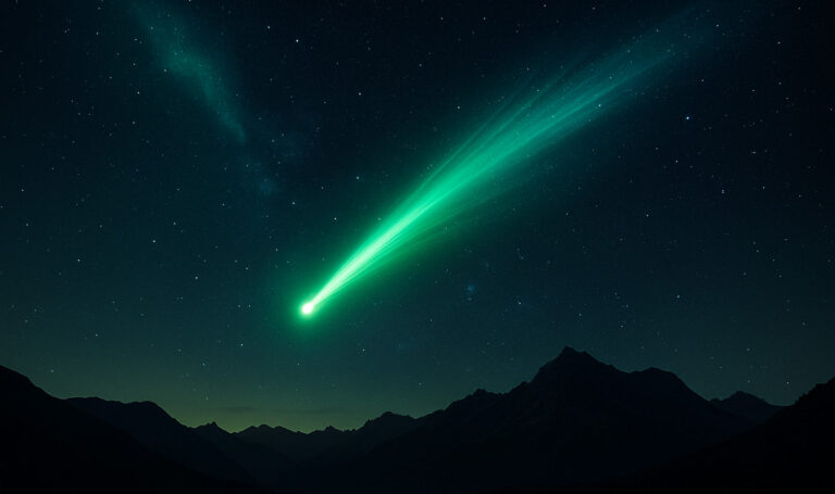 Zielona kometa na nocnym niebie nad górami, obserwacja nieba październik – zjawisko astronomiczne widoczne z Ziemi