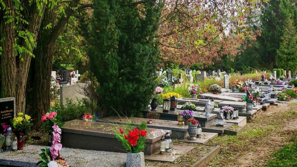 Cmentarz w Polsce z rzędami grobów ozdobionych kwiatami i zniczami. Jesienny krajobraz symbolizuje pamięć o bliskich oraz rosnące koszty pogrzebu w Polsce i opłaty za groby.