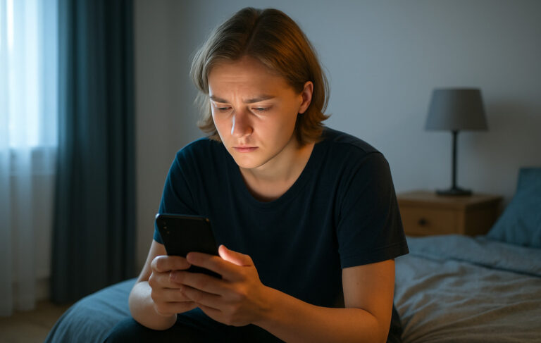 Młoda osoba siedzi wieczorem w pokoju, wpatrzona w ekran smartfona. Symboliczne ujęcie pokazujące samotność i uzależnienie od social mediów.