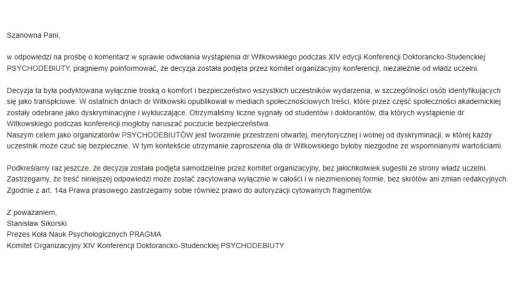Czy jest jeszce wolność słowa na uczelniach? Studenci UJ tak tłumaczą usunięcie dr Witkowskiego z programu konferencji. Czy to już cenzura na uczelniach?