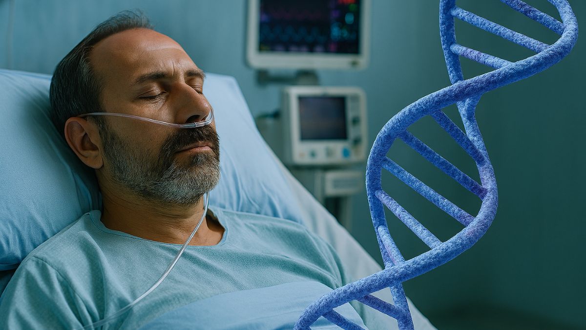 Zatrzymać chorobę Huntingtona: mężczyzna leży w szpitalnym łóżku, obok niego spirala DNA. Fot. Maciej Bartusik / Copilot AI.