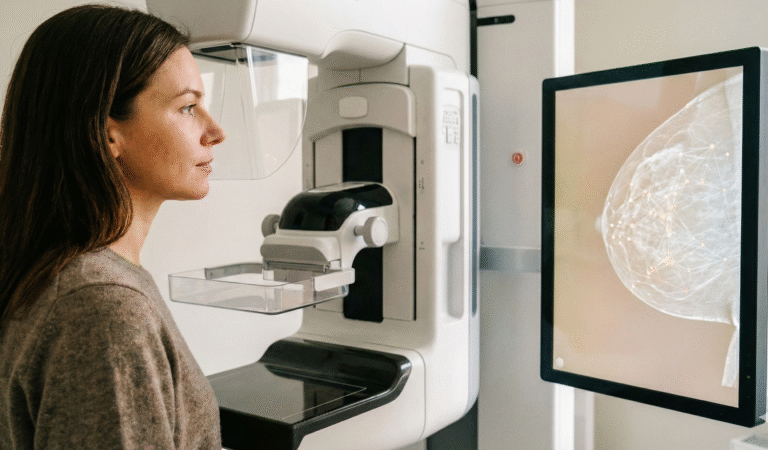 Kobieta podczas badania mammograficznego przy urządzeniu, z analizą obrazu piersi wspieraną przez AI w medycynie.