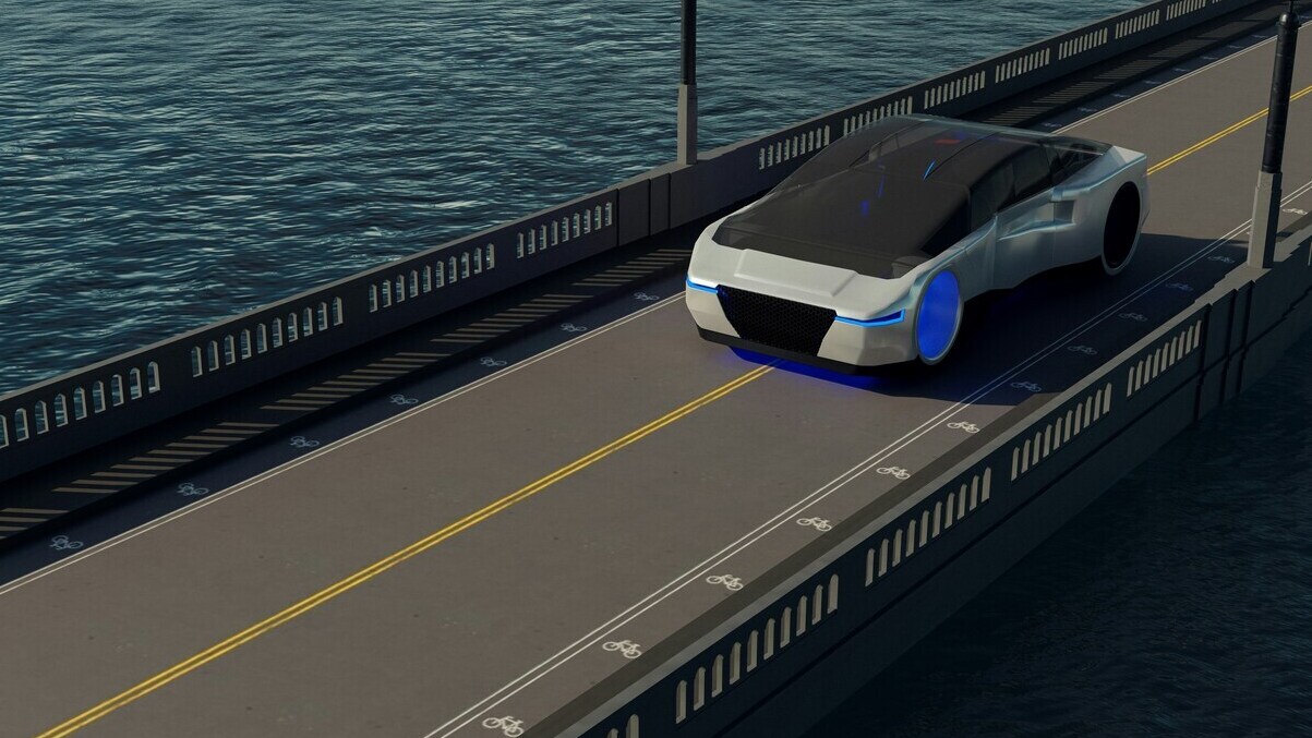 Autonomiczny pojazd jedzie po moście nad wodą – futurystyczne auto bez kierowcy.