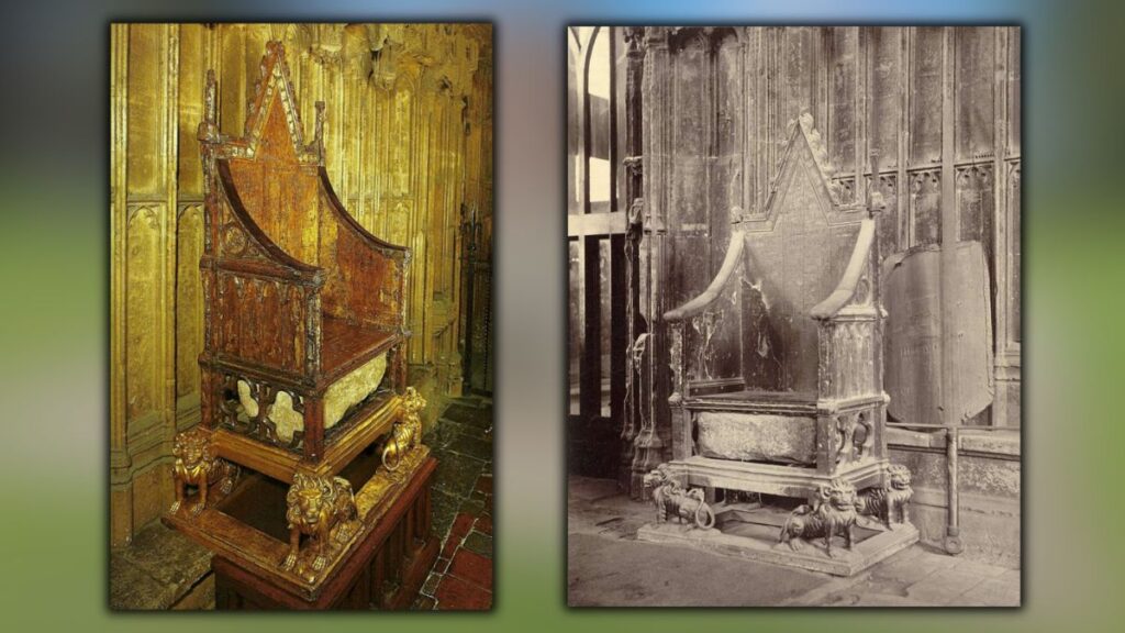 Dawna historia Szkocji: Archiwalne zdjęcia przedstawiające tron koronacyjny brytyjskich monarchów z osadzonym Kamieniem Przeznaczenia. Źródła: Nathan Hughes Hamilton / CC BY 2.0 (po lewej), domena publiczna (po prawej).