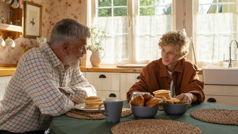 Dzieci mieszkają z rodzicami: młody mężczyzna je z ojcem śniadanie w rodzinnym domu. Fot. Ron Lach / Pexels