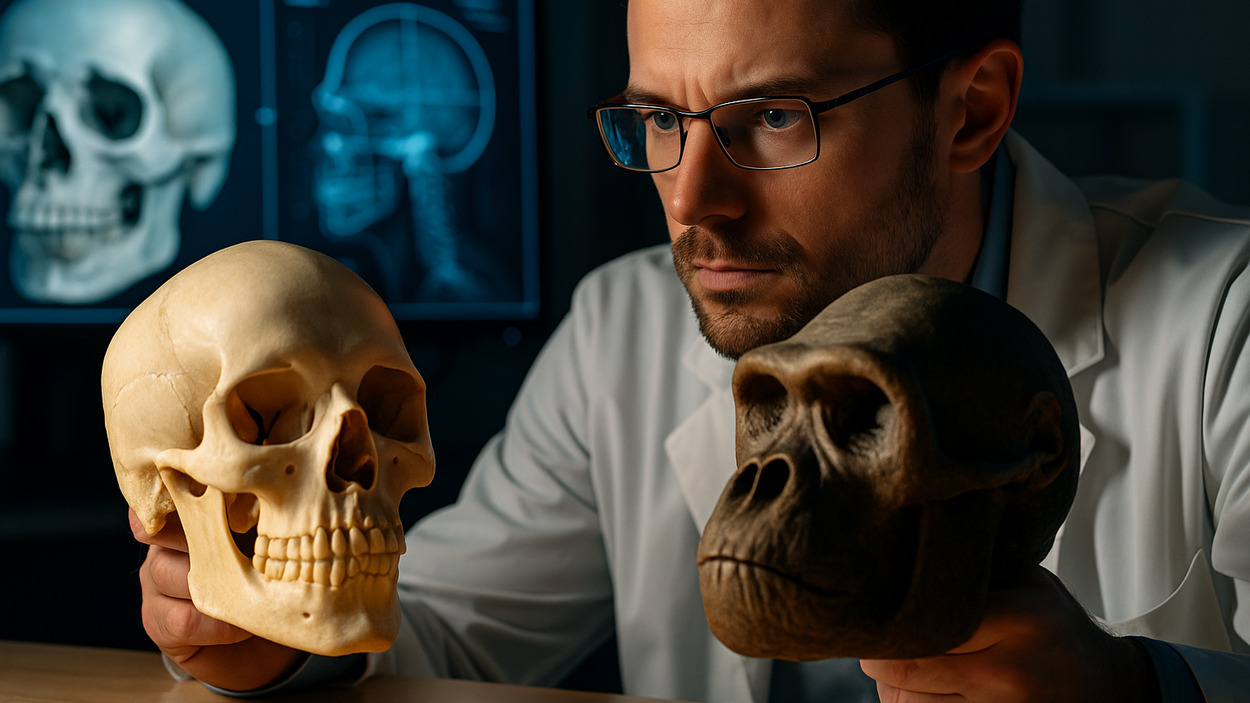 Naukowiec porównujący ludzką czaszkę z czaszką naczelnego w laboratorium, na tle monitorów z obrazami anatomicznymi.