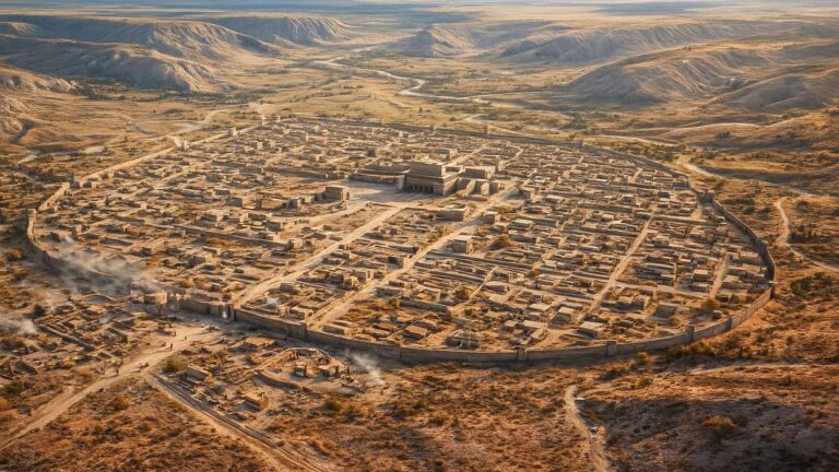 Hiperrealistyczna rekonstrukcja 3D przedstawiająca miasto siedmiu wąwozów na kazachstańskim stepie — starożytną osadę Semiyarka odkrytą podczas najnowszych odkryć w Kazachstanie, z widocznym układem ulic i monumentalnymi budowlami sprzed 3600 lat.