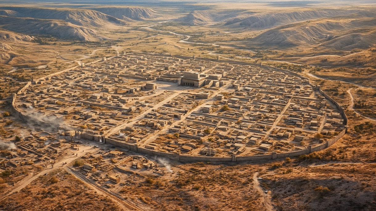 Hiperrealistyczna rekonstrukcja 3D przedstawiająca miasto siedmiu wąwozów na kazachstańskim stepie — starożytną osadę Semiyarka odkrytą podczas najnowszych odkryć w Kazachstanie, z widocznym układem ulic i monumentalnymi budowlami sprzed 3600 lat.