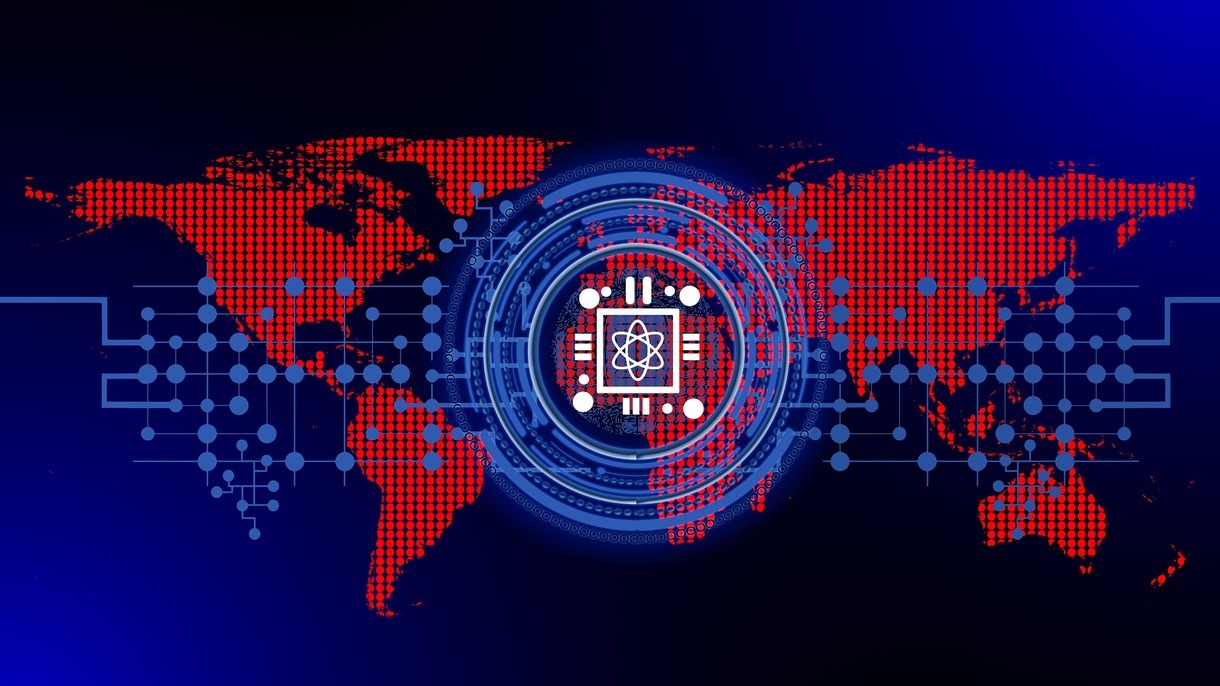 Grafika przedstawiająca globalną sieć danych i symbol technologii kwantowej – wizualizacja pokazująca, jak może wyglądać prawdziwa teleportacja kwantowa w internecie przyszłości.