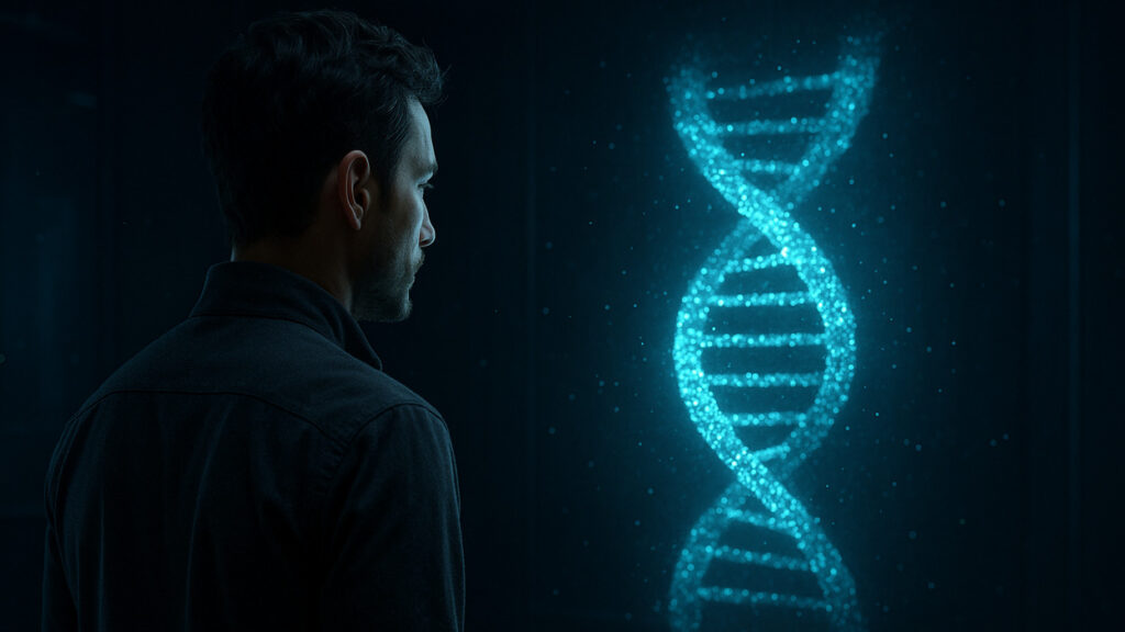 Mężczyzna obserwujący realistyczny hologram DNA, symbolizujący wynalazki przyszłości, badania nad tym, kiedy podróże międzygwiezdne będą możliwe, oraz wysiłki naukowców i wiecznej młodości w pracach nad wydłużeniem życia.