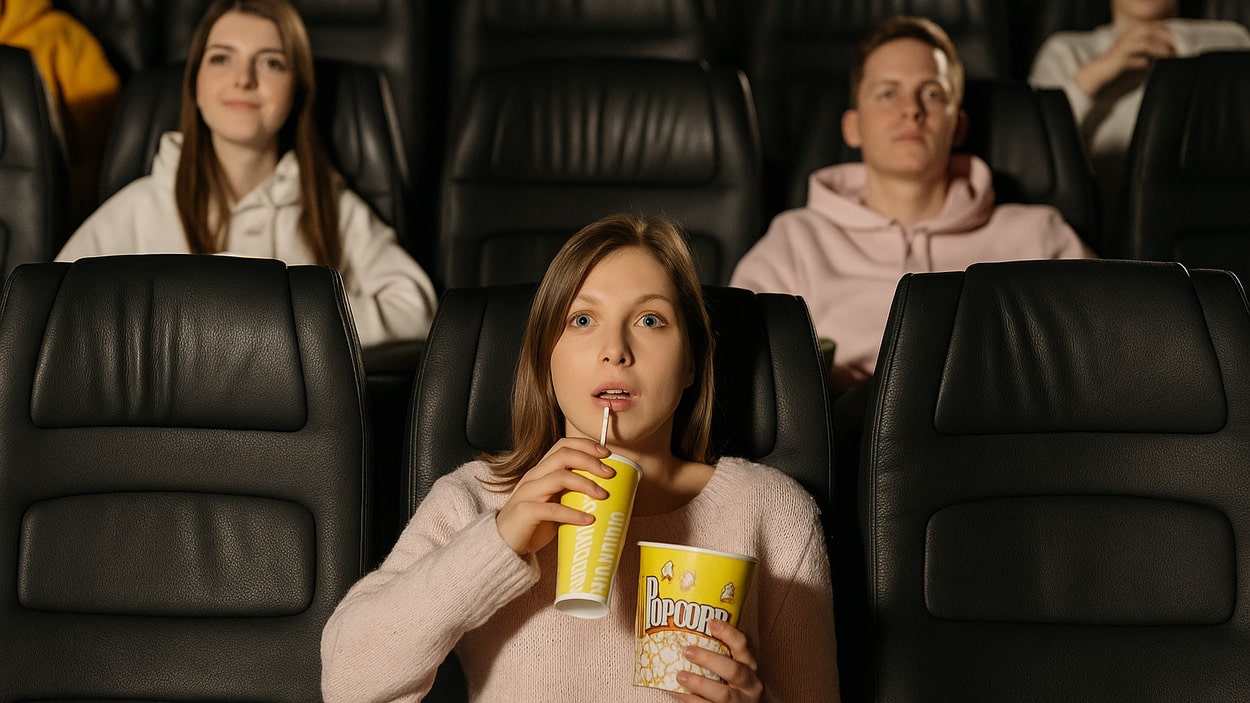 Kobieta ogląda film w kinie, skupiona i poruszona sceną na ekranie – przykład wpływu filmów na emocje człowieka.