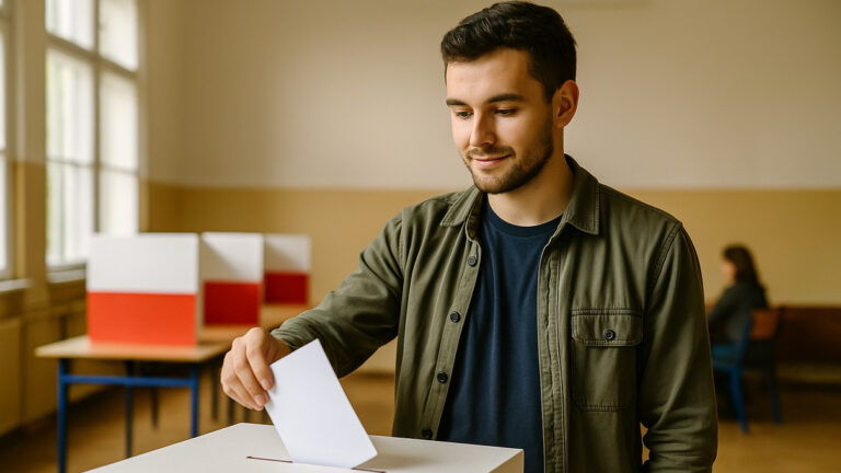 Młody Polak wrzuca kartę wyborczą do urny w szkolnej komisji wyborczej – ilustracja badań o wpływie wyborów na zdrowie i długie życie.