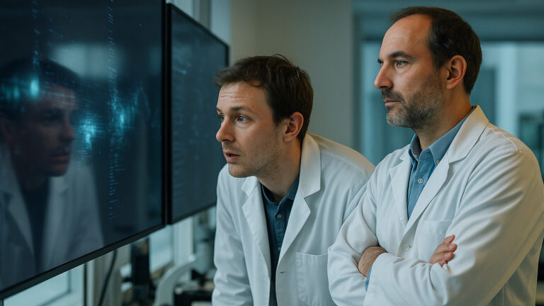 Dwóch naukowców w realistycznym laboratorium AI analizuje nietypowe zachowanie modeli, co może sugerować bunt sztucznej inteligencji.
