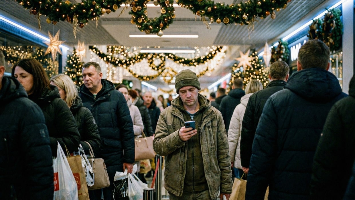 Komercjalizacja Świąt Bożego Narodzenia. Zmęczony mężczyzna w tłumie ludzi na świątecznych zakupach, scrollujący telefon w centrum handlowym.