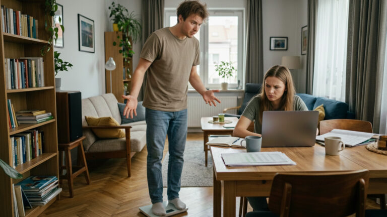 Para w domu: mężczyzna stoi na wadze zdziwiony wynikiem, a kobieta przy laptopie analizuje finanse. Pieniądze i związek wpływają na ich relację.