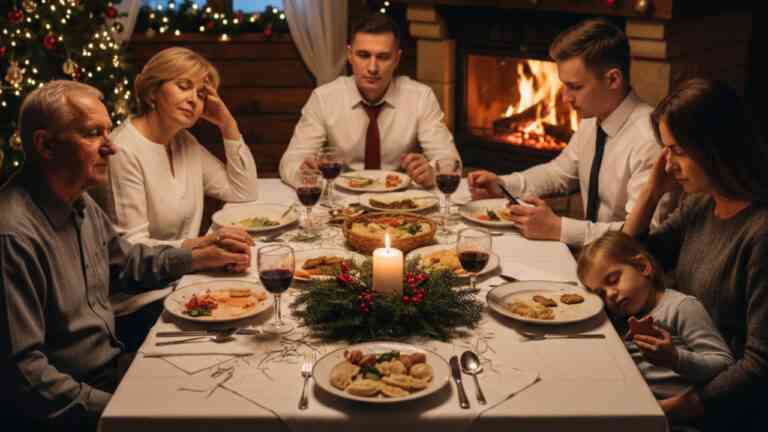 Zmęczenie świętami Bożego Narodzenia przy wigilijnym stole, rodzina w ciszy i pośpiech zamiast bliskości podczas świąt