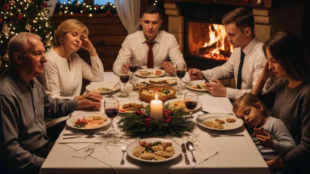 Zmęczenie świętami Bożego Narodzenia przy wigilijnym stole, rodzina w ciszy i pośpiech zamiast bliskości podczas świąt