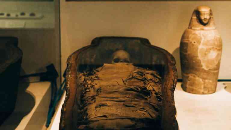 Ciemna mumia leży w trumnie