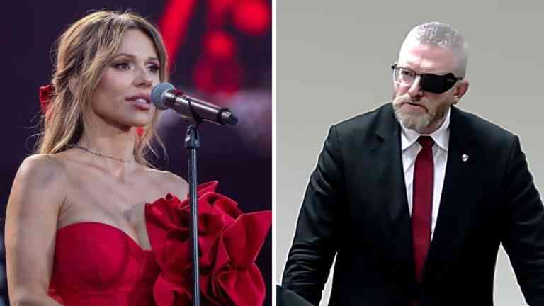 Dorota Rabczewska stoi przy mikrofonie Grzegorz Braun w garniturze stoi z opaską na lewym oku