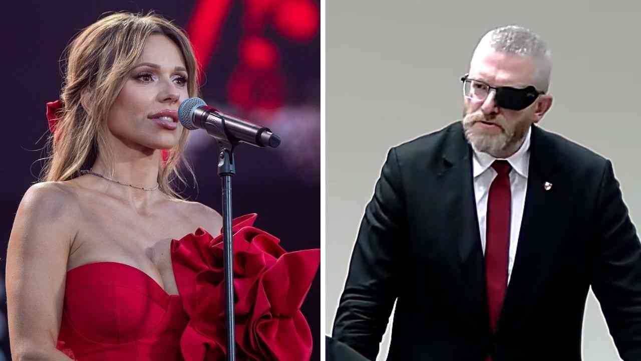 Dorota Rabczewska stoi przy mikrofonie Grzegorz Braun w garniturze stoi z opaską na lewym oku