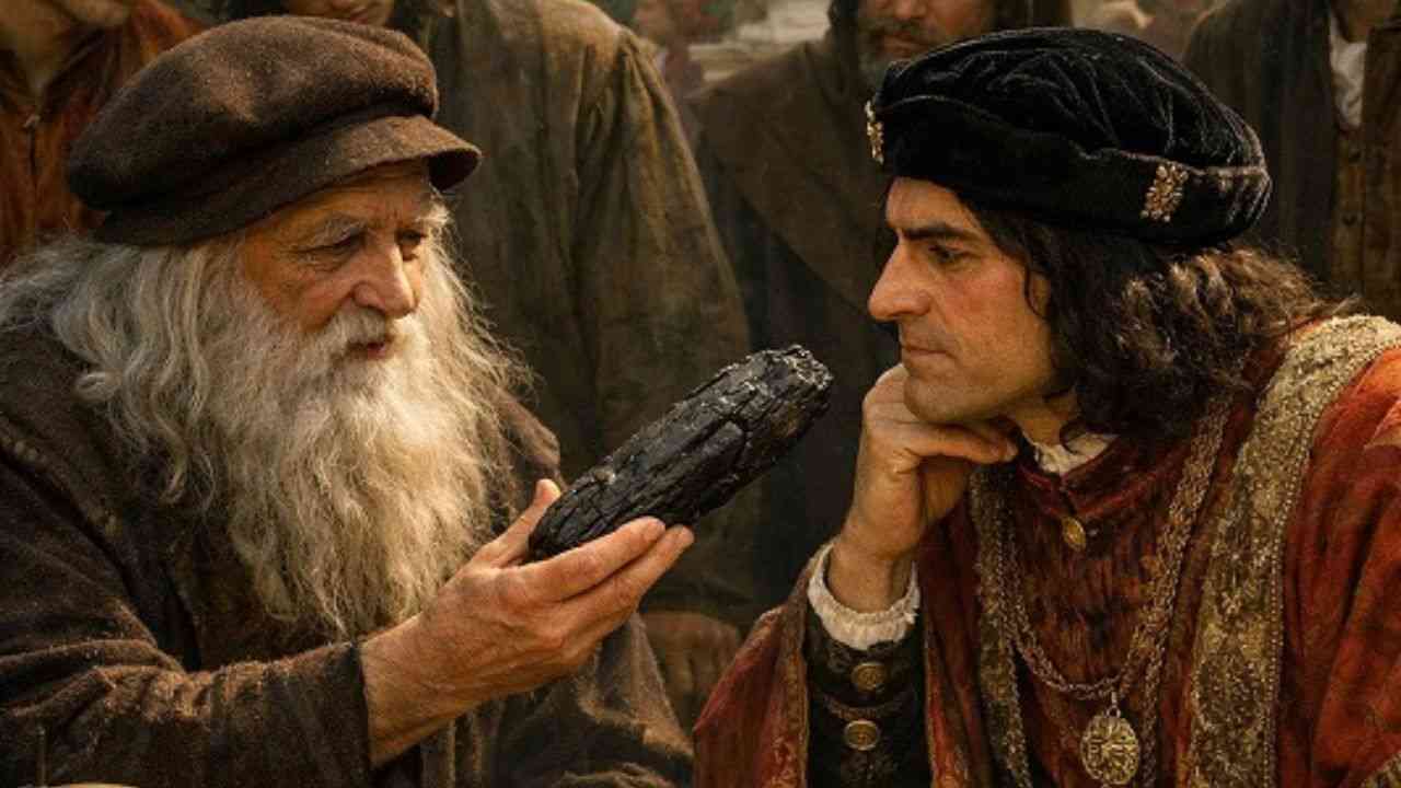 obraz przedstawiający dwóch mężczyzn, w którym jeden trzyma zwęglone drewno