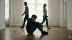 Smutny nastolatek siedzący na podłodze w pustym pokoju, w tle rozmyte postacie odchodzących rodziców – jak rozwód wpływa na dobro dziecka.