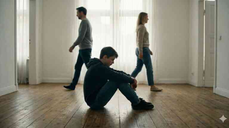 Smutny nastolatek siedzący na podłodze w pustym pokoju, w tle rozmyte postacie odchodzących rodziców – jak rozwód wpływa na dobro dziecka.