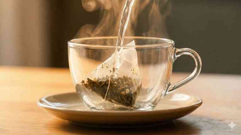 Szklana filiżanka z herbatą w torebce zalewaną wrzątkiem w ciepłym świetle poranka, obrazująca problem, jakim jest plastik w herbacie.