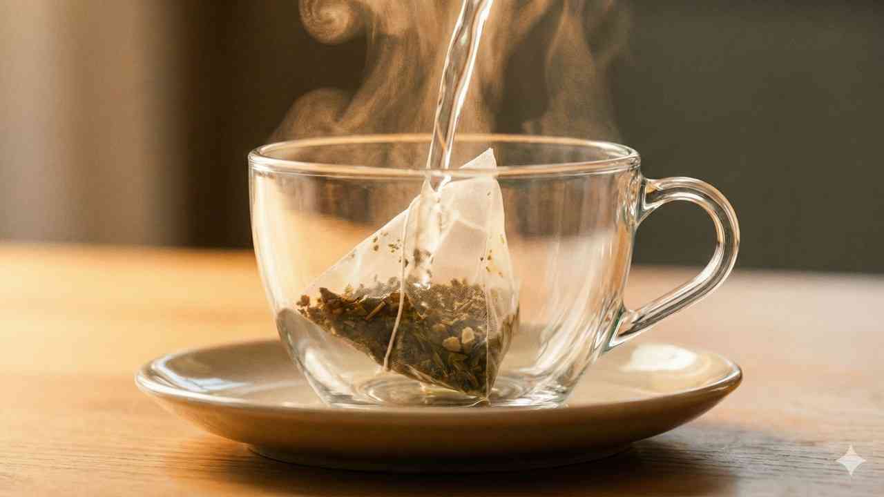 Szklana filiżanka z herbatą w torebce zalewaną wrzątkiem w ciepłym świetle poranka, obrazująca problem, jakim jest plastik w herbacie.