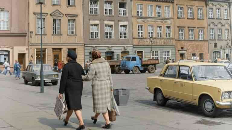 Ulica w Polsce w latach 90., kobiety spacerujące obok fiata i kamienic – realia lat 90 często wspominane jako stare dobre czasy.