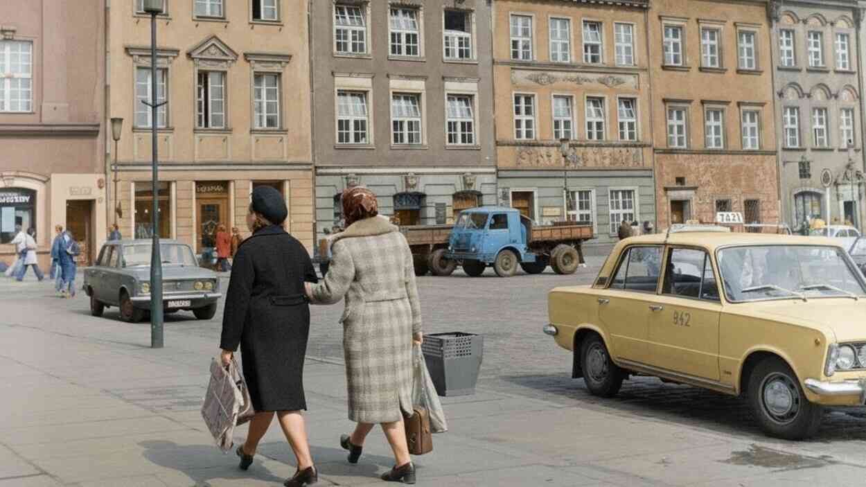 Ulica w Polsce w latach 90., kobiety spacerujące obok fiata i kamienic – realia lat 90 często wspominane jako stare dobre czasy.