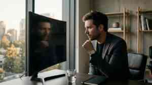 Mężczyzna w nowoczesnym biurze wpatruje się w swoje odbicie na ekranie, ilustrując syndrom oszusta i perfekcjonizm.