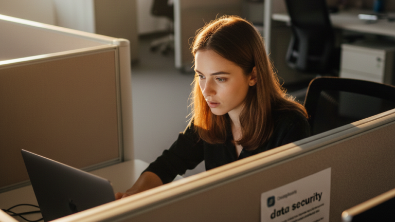 Kobieta pracująca przy laptopie w biurze w promieniach porannego słońca, symbolizująca sztuczną inteligencję w biznesie.