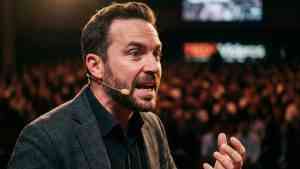 Charyzmatyczny mężczyzna z mikrofonem przemawiający z pasją na konferencji, pokazujący, jak mówić płynnie i angażować publiczność.