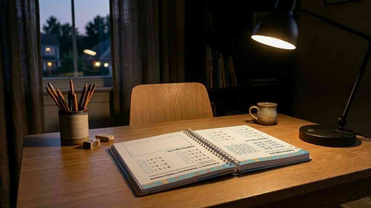 Brak zadań domowych – czy ta reforma skrzywdziła uczniów? Na zdjęciu: Otwarty zeszyt ćwiczeń z matematyki podświetlony lampką biurkową na uprzątniętym drewnianym blacie o zmierzchu.