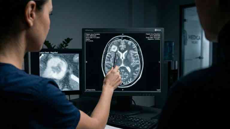 Lekarze analizują w ciemnym gabinecie szczegółowy obraz MRI mózgu z widoczną zmianą, badając czy przyczyną objawów demencji jest depresja osób starszych.