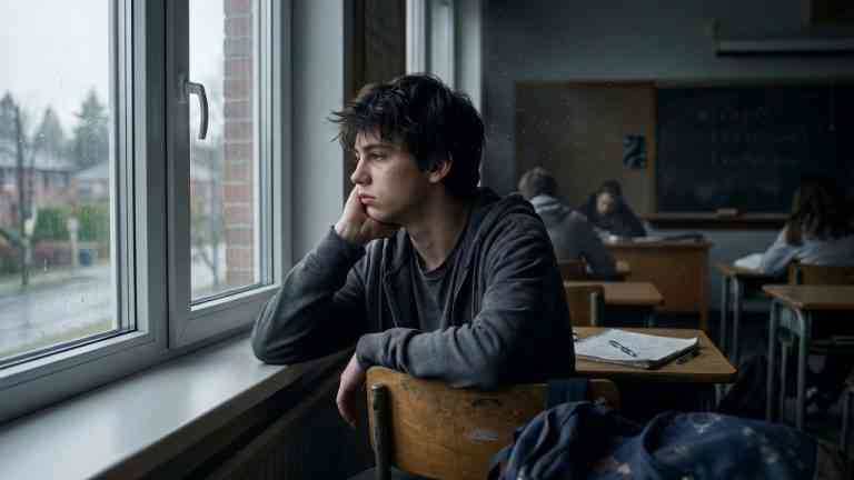 Zmęczony uczeń w klasie, oparty o dłoń, patrzący w deszczowe okno, co ilustruje wpływ na sen, jaki ma zła godzina, od której lekcje w jego szkole się zaczynają.