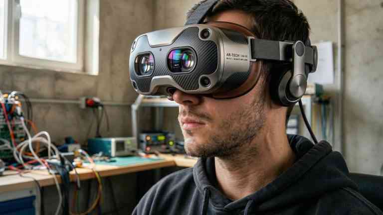 Mężczyzna w zaawansowanych goglach VR w laboratorium badawczym ilustrujący eksperymenty nad tym, jak oszukać mózg.